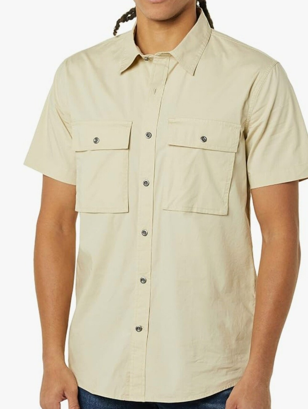 Amazon Essentials Beige Short Sleeve Button-Front Utility Shirt